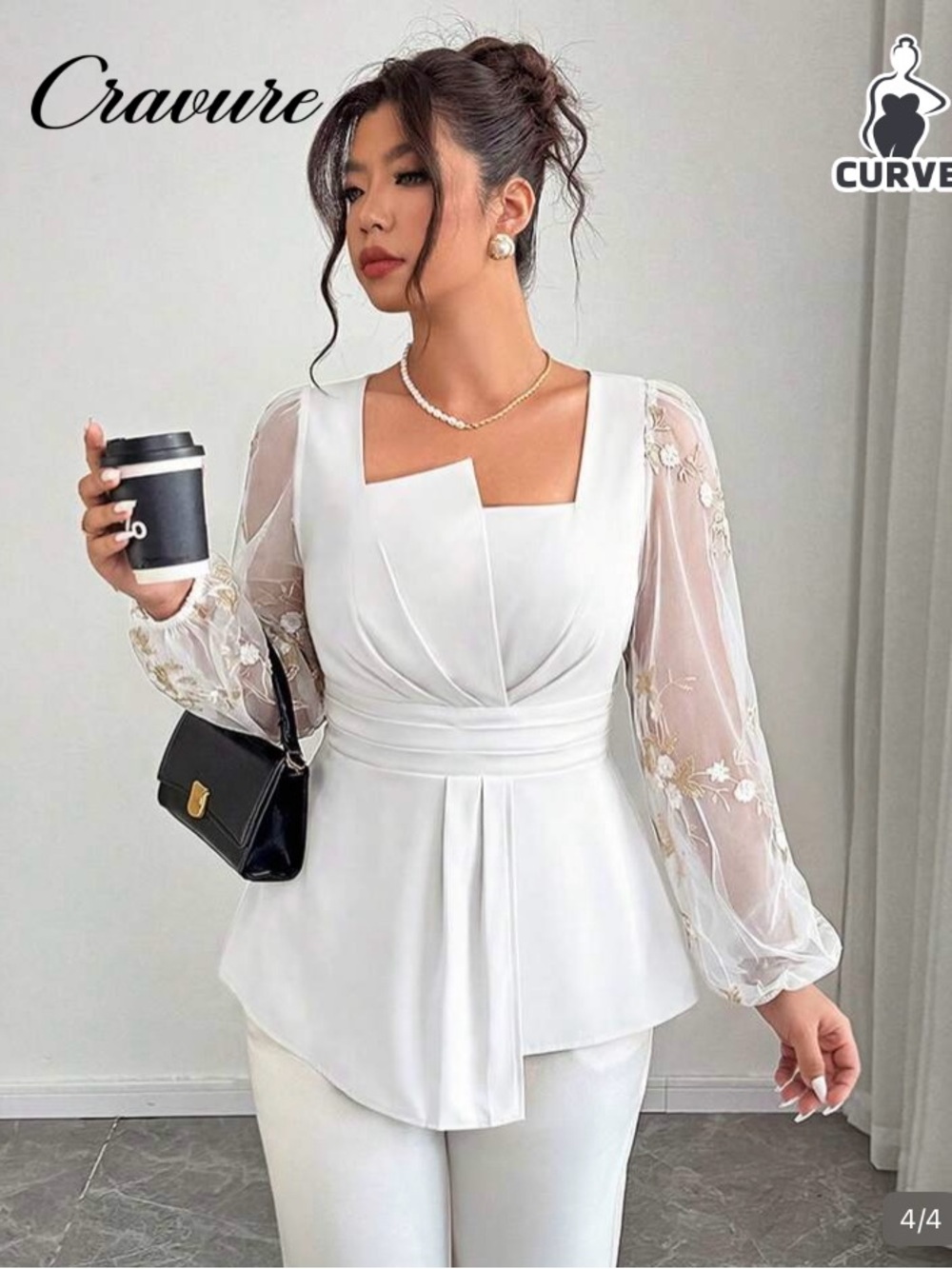 SHEIN White Square Neck Peplum Blouse with Floral Sheer Sleeves